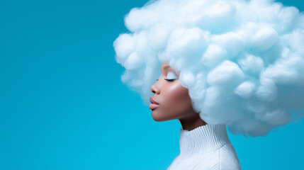 A model poses in profile with a striking hairstyle that resembles fluffy clouds. The soft white texture contrasts with the vibrant blue background, highlighting a bold and artistic fashion statement