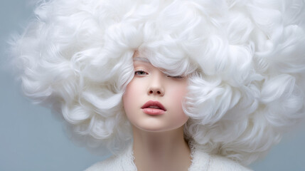 A fashion model with a strikingly large white curly hairstyle poses calmly against a soft blue background. The look is bold and artistic, emphasizing beauty and creativity in hair styling and fashion