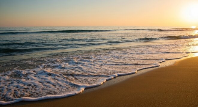 Golden sunset over a tranquil beach. Soft waves gently kiss the shore - Powered by Adobe