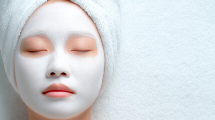 A woman relaxes with her eyes closed as she receives a calming facial treatment. Her skin is covered with a white mask, and she has a towel wrapped around her head, creating a peaceful atmosphere