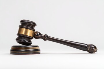 A wooden judge's gavel resting on a sound block, symbolizing justice and legal authority, against a plain white background
