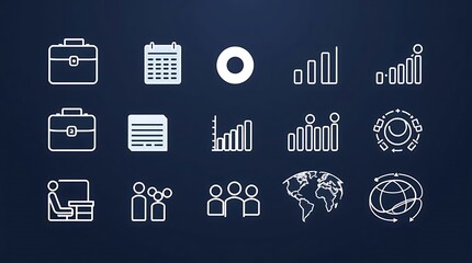 Business and Finance Outline Icons: A Clean, Minimalist White Line Art Set on a Dark Background                                                       