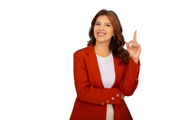Young businesswoman pointing her index finger up having a new idea, isolated on transparent background