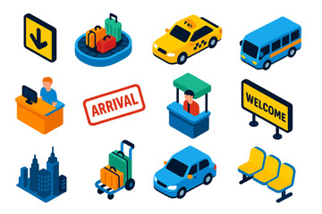 Airport Arrival Icons. Isometric vector illustration set Destination arrival: airport arrivals sign, baggage claim belt, taxi