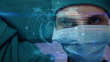 Surgeon raising hand looping cap strap with medical holographic interface rotating for surgery prep - Powered by Adobe