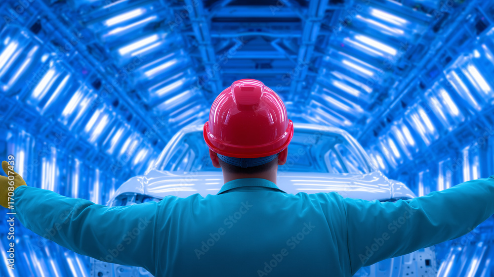 Poster a worker in a hard hat and gloves stands with arms open, facing a shiny vehicle in a high-tech facto