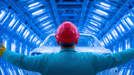 A worker in a hard hat and gloves stands with arms open, facing a shiny vehicle in a high-tech factory. Bright blue lights illuminate the space, showcasing the advanced machinery