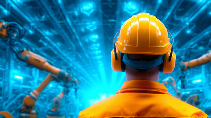 A worker wearing a hard hat and ear protection stands in a futuristic manufacturing facility surrounded by robotic arms