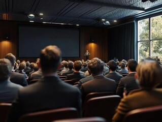Men in suits attending a business meeting or seminar in a conference room with rows of chairs, listening to speaker at a podium.