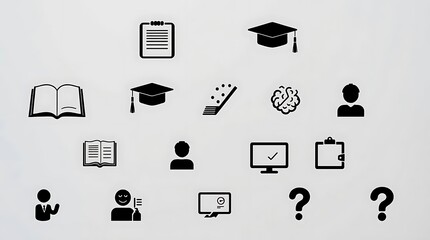 Assorted Black Iconography for Education, Professions, and Inquiry Against a Light Gray Background                                                    