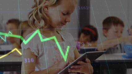 Girl tapping tablet screen and initiating animated graphs overlaying classroom enhancing learning - Powered by Adobe