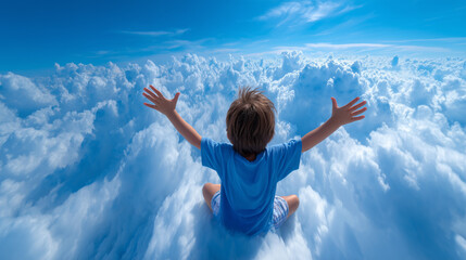 A young child sits with arms outstretched, embracing the soft, white clouds surrounding him. The vibrant blue sky enhances this scene of joy and freedom, creating a dreamy atmosphere 
