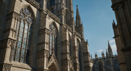 Fototapeta premium Gothic cathedral facade, detailed stonework, stained glass