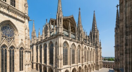 Naklejka premium Gothic cathedral facade, multiple spires, detailed stonework