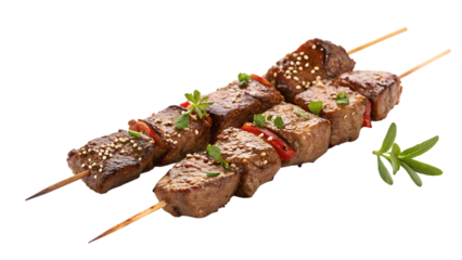 Delicious grilled beef skewers garnished with sesame cut out on PNG. AI GENERATED.

