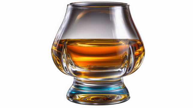 Whiskey tumbler glass with amber liquid no label