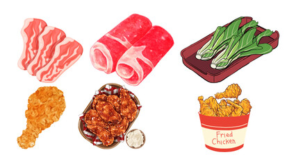 Delicious Korean BBQ ingredients and crispy fried chicken feast ready to enjoy