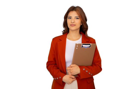 Confident businesswoman holding clipboard, isolated on transparent background, ready for business presentation or meeting