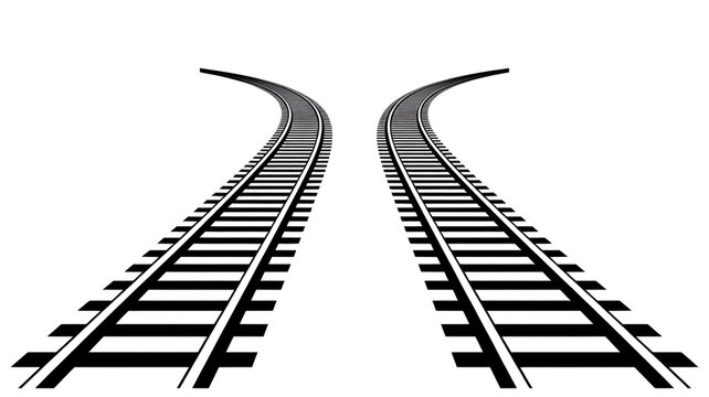 Minimal black and white illustration of two curved train tracks