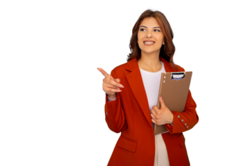 Professional businesswoman smiling, pointing confidently while gripping clipboard, transparent backdrop enabling seamless project integration