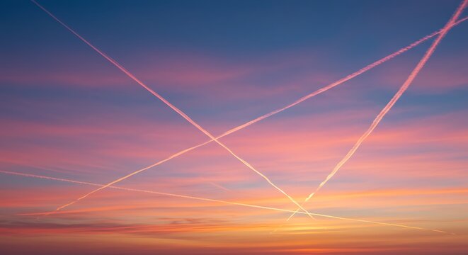 Colorful sunset sky with vapor trails creating patterns  