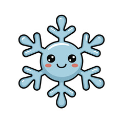 Vector art of delightful snowflake character with a cute smile, this charming illustration features a kawaiistyle snowflake with big, expressive eyes and rosy cheeks, perfect for adding a touch of whi