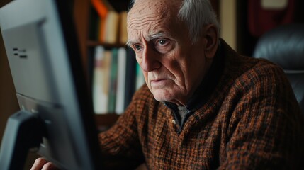 An elderly man deeply focused on a computer screen, indicating his engagement in complex tasks or troubleshooting issues.
