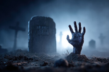 Eerie hand emerging from a haunting graveyard scene