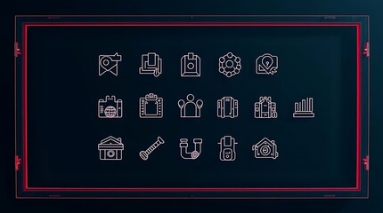 Outlined Neon Icons Representing Different Concepts on Dark Background in Futuristic Frame                                                            