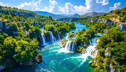Aerial view of cascading waterfalls and lush green vegetation on a clear, sunny day