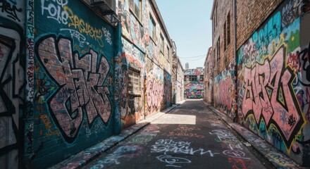 Fototapeta premium Graffiti-covered alleyway under a bright sky