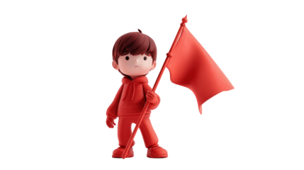 Cartoon character holding a red flag, isolated on transparent background