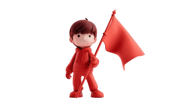 Cartoon character holding a red flag, isolated on transparent background - Powered by Adobe