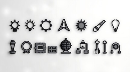 Gray-Tone Icon Set: Tech, Education, and Design on White - Abstract Flatlay, Clean and Modern Aesthetic for Presentations and Graphics                