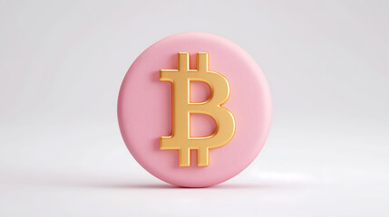 Gold Bitcoin symbol on pink round coin in minimal 3D style