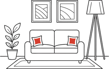 Minimalist Living Room Line Art Illustration with Sofa Plant and Floor Lamp