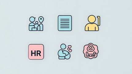 Diverse Human Resources Icons: Team, Document, Manager, and More, Arranged on Clean, Light Background for a Modern, Minimalist Aesthetic              