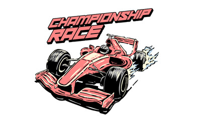 cartoon super racing car illustration for t shirt print or poster. Vintage Championship Race illustration for t shirt print, poster © Irfan