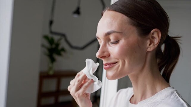 Woman cleansing her face in a mirror during morning skincare routine at home