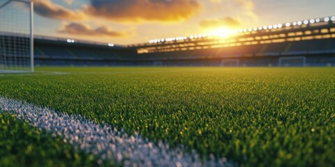 Goal post in stadium during evening, view from pitch looking towards stands.
