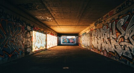 Fototapeta premium Graffiti-covered tunnel, light filtering through