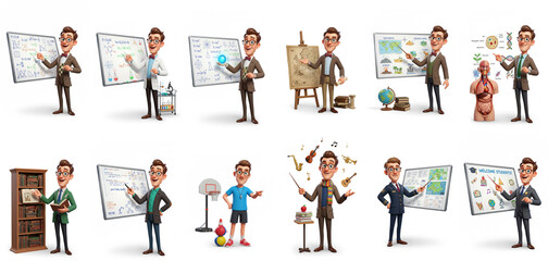 Cartoon Caucasian male teacher character in various educational roles and outfits, smiling and explaining different school subjects using props and whiteboards.