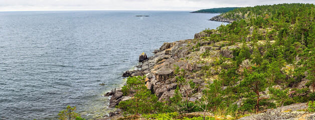 Breathtaking panoramic view of the rocky coastline and lush green forest meeting the vast expanse of the sea in Sweden, creating a serene and picturesque landscape