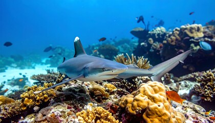 Shark swims over coral reef in clear, blue ocean waters, with other fish