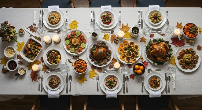 A Feast of Autumnal Abundance Overhead View of a Thanksgiving Dinner Table Decorated with Fall Leaves and Warm Ambiance