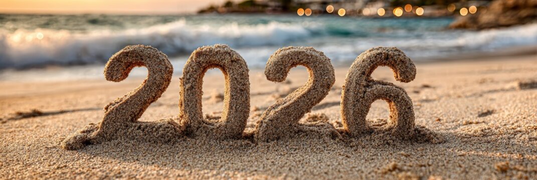 New Year 2026 celebration and travel marketing concept with sand numbers on beach at sunset, ocean waves, and festive bokeh lights
