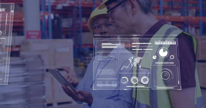Supervisor swiping tablet in logistics hub initiating holographic charts floating over tablet