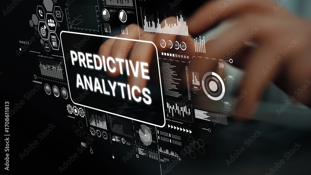 Poster hands typing on a laptop with digital predictive analytics data and graphics on screen for business 