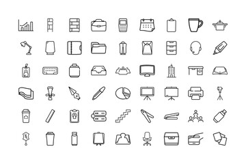 Office and Work Line Art Icon Collection – Minimal Outline Business Workplace Symbols Featuring Desk, Chair, Computer, Stationery, Documents, Communication, and Productivity Elements.