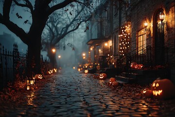Scary halloween pumpkins lighting spooky street high resolution picture